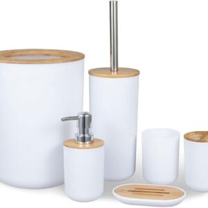 Toiletrie Bamboo Wood Bathroom Set 6PCS Soap Dispenser Toothbrush Holder Trash Can Toilet Brush Mouthwash Cup Soap Dish Bathroom Toiletries Bathroom Accessories
