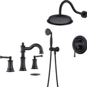 Roman Bathroom Faucet Set, Bathroom Sink Faucet 2 Handle 3 Hole With Pop Up Drain, Vintage Shower System Faucet, Rain Shower Head & High Pressure Handheld Shower, Matte Black