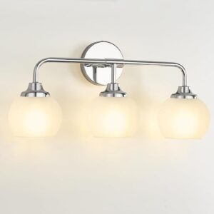 Bathroom Light Fixtures, Chrome Modern 3-Lights Vanity Light Over Mirror, Globe Bathroom Lights With Milky White Glass Shade For Bedroom Living Room Farmhouse 22 Inch
