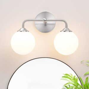 Modern Brushed Nickel 2-Lights Bathroom Vanity Lights, Bathroom Lighting Fixtures Over Mirror With Milk White Globe Glass Shade, Elagant Wall Sconces For Dressing Table Bedroom Living Room