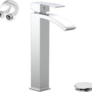 Chrome Vessel Sink Faucet, Waterfall Bathroom Faucets | Brass, Tall Spout, 1 Hole Single Handle Bathroom Faucet, Modern Basin Taps With Supply Line, Pop Up Drain, Without Overflow