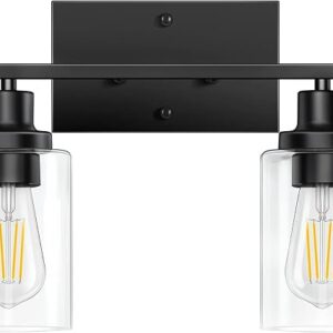 Bathroom Light Fixtures, Black 2-Light Vanity Lights, Bathroom Vanity Light | Modern Metal Frame Wall Lamp Over Mirror With Clear Glass Shades, Vanity Lights For Washroom Bedroom Hallway E26 Base