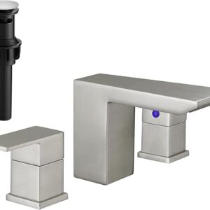 Bathroom Faucet 3 Holes Two Handles Lavatory Vanity Sink Faucet Widespread 8 Inch Bathroom Sink Faucet, Waterfall Bathroom Sink Faucet With Supply Hoses, With Pop Up Drain, Brushed Nickel