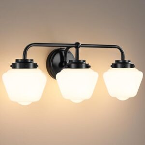 RUIYEY Bathroom Vanity Light Fixtures: 3-Light Black Vanity Lights For Bathroom Over Mirror, Farmhouse Wall Sconce Lighting With Frosted Milky Glass For Kitchen (Exclude Bulb)