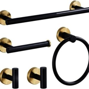 Black,5 Pieces Bathroom Hardware Set, Include 16inch Towel Bar, Towel Hooks, Toilet Paper Holder, Hand Towel Ring Stainless Steel Bathroom Accessories
