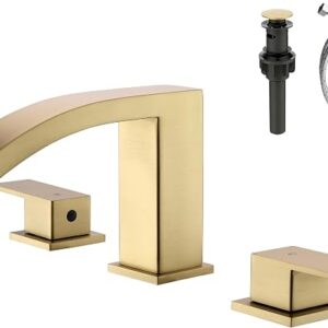 Brushed Gold Waterfall Bathroom Faucet 3 Holes – 8 Inch Bathroom Sink Faucet 2 Handles – Stainless Steel Widespread Bathroom Vanity Faucet With Pop Up Drain & 2 Water Supply Lines