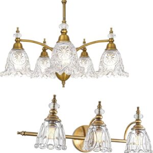 Farmhouse Brass Bathroom Light Fixtures Over Mirror, 5 Light Chandelier Brass Dining Room Light Fixtures Over Table, 3 Light Vanity Lighting Fixtures, Flower Glass Shade Bathroom Wall Sconce Lighting