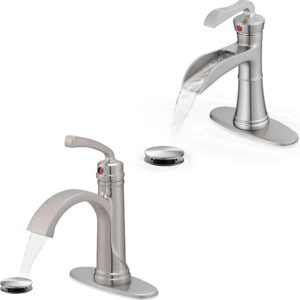 Brass Waterfall Bathroom Faucets Brushed Nickel, Single Hole Bathroom Faucet, Waterfall Bathroom Faucets Brushed Nickel Single Handle Bathroom Faucet 3 Hole Or 1 Hole