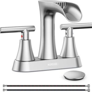 Waterfall Bathroom Faucets, Brushed Nickel, 4 Inch Sink Faucet | Bathroom Sink Faucet With Pop-up Drain, Stainless Steel 2 Handle Modern Sink Faucet Mixer Tap For Vanity RV Restroom Basin