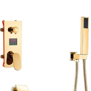 With Digital Display, Gold Rain Mixer Shower Combo Set Ceiling Mounted Bathroom Shower Faucet Set With Shower Head, Handheld Shower, Waterfall Tub Spout,16 Inches (A 10 Tum)