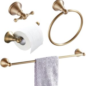 Flybath 4-Piece Set – Toilet Paper Holder, Coat Hook, Round Towel Ring And 24 Inch Towel Bar Wall Mounted Bathroom Accessories Antique Brass Brushed Bronze