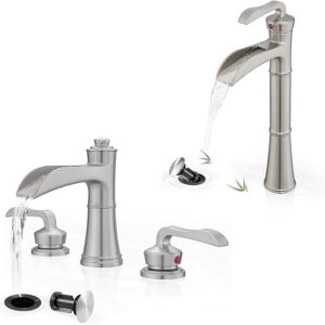Brass Vessel Sink Faucet Brushed Nickel, Waterfall Bathroom Sink Faucet 1 Hole, Single Handle Bathroom Faucet, Bathroom Vanity Faucets 3 Hole 2 Handle With Supply Water Hoses Pop-up Drain