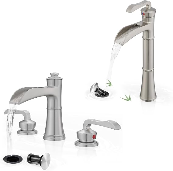 Brass Vessel Sink Faucet Brushed Nickel, Waterfall Bathroom Sink Faucet 1 Hole, Single Handle Bathroom Faucet, Bathroom Vanity Faucets 3 Hole 2 Handle With Supply Water Hoses Pop-up Drain