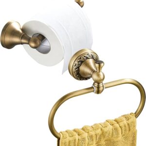 Flybath Toilet Paper Holder And Oval Towel Ring Set Wall Mounted Antique Brass (Brushed Bronze)