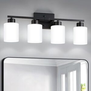 FonmYim Black Bathroom Light Fixtures Vanity Lights Over Mirror | Modern 4-Light Lighting Fixtures For Bathroom With Milky White Frosted Glass Shades, E26 Socket (Bulbs Not Included)