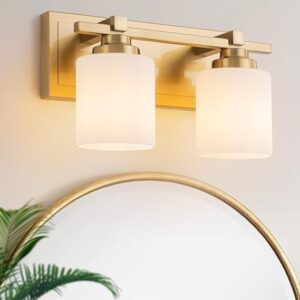 Modern Bathroom Light Fixtures Over Mirror, Vanity Lights For Bathroom Wall Sconces With Milky White Glass Shades, E26 Socket Bulbs Not Included, 2 Light, Brass