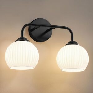 RUIYEY Bathroom Vanity Light Fixtures: 2-Light Black Bathroom Lighting Fixtures Over Mirror With Milky White Frosted Glass Shade, Farmhouse Modern Wall Light For Bathroom