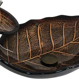 Leaf Shape Vessel Sink Set Tempered Glass Bathroom Bowl + Waterfall Faucet & Drainage System, Anti-Scratch Surface For Durability,Brown