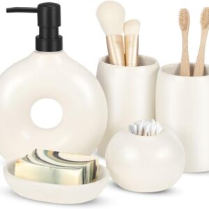 FoldTier 5 Pcs Ceramic Bathroom Accessories Set Includes Soap Dispenser Toothbrush Cup Holder Soapbox Holder Stylish Modern Bathroom Matte Glaze Decor(White)