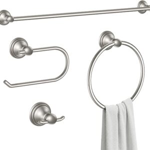 Formosa Design Hardware Classic 4-Piece Bathroom Accessories Set, 24-inch Towel Bar, Toilet Paper Holder, Towel Ring, And Robe Hook, Durable Zinc Alloy & Stainless Steel, Brushed Nickel Finish