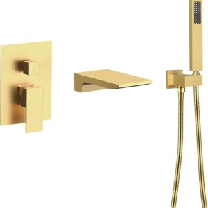 Wall Mounted Bathtub Shower Faucet Set, Bathroom Shower Fixtures Set Combo With Tub Spout And Handheld Shower Head Spray, Brushed Gold | Bathroom Shower Fixtures Set Combo, Tub Spout, Handheld Shower Head Spray