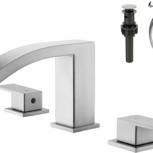 Waterfall Bathroom Faucets 3 Hole – 8 Inch Widespread Bathroom Sink Faucet, Brushed Nickel Waterfall Sink Faucet With Pop Up Drain, 2 Handles Modern Vanity Faucet With Supply Lines
