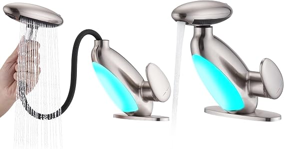 Pull Out LED Bathroom Faucet, 4 Modes Single Handle Waterfall Bathroom Sink Faucet, 3 Colors Light Changing Stainless Steel Bath Faucets, 360 Rotating LED Faucets 1 Hole, 1 Pack, Brushed Nickel