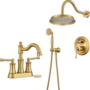 Roman Bathroom Faucet Set, Centerset Sink Faucet 2 Hole With Pop Up Drain, Free Standing Tub Faucet Filler With High Pressure Handheld Shower, Brushed Gold