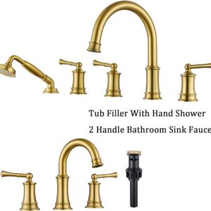 Brushed Gold Bathroom Faucet With Handheld Shower Set, 5 Holes Deck Mount Tub Filler With Handheld Shower & 2 Handle Bathroom Sink Fuacet 3 Holes Widespread, Brass Rough-in Valve & Water Suppl
