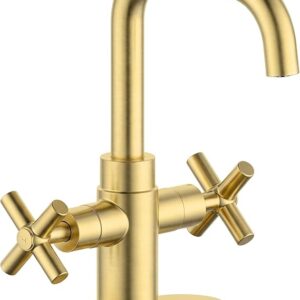 Modern Brushed Gold Bathroom Sink Faucet, 4 Inch Single Hole Or 3 Hole Centerset, 2-Handle Cross Handle, 360-Degree Swivel Spout, 1.2 GPM Soft Water Flow, Pop Up Drain