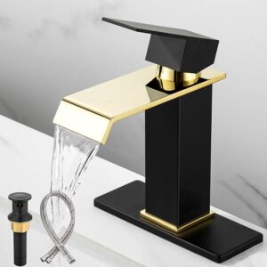 Bathroom Faucet Black & Gold Bathroom Sink Faucet Waterfall, Single Handle Vanity Faucet 1 Hole SUS304 Stainless Steel NSF PEX Tubing, CEC Certified, Pop-Up Drain & Supply Lines Included