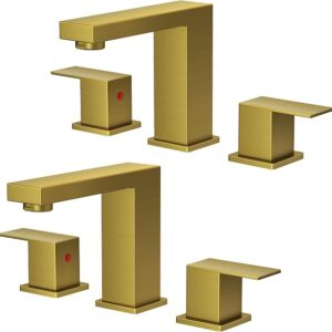 FORIOUS 2 Pack 8″ Widespread Gold Bathroom Faucet 3 Hole, Commercial Faucet | 2 Handle Wholesale Square Brushed Gold Bathroom Sink Faucet 3 Holes, Vanity Faucet With Drain, Supply Line And 1.2gpm Aerator