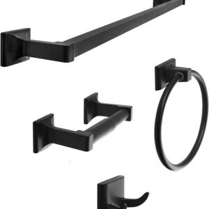 SENTO Cellar Classic Bathroom Accessories Set, Heavy Duty Metal Bath Hardware Set Wall Mounted, Includes Robe Hook, Standard Toilet Paper Holder, Towel Ring, 24 Towel Bar (4-Piece, Matte Black)