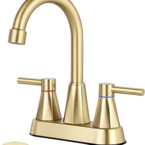 4″ Bathroom Sink Faucet, 2-Handle Brush Gold, Pop-Up Drain Included | 360 Swivel Spout, Ceramic Cartridge, 20% Water-saving Aerator, RV Ready