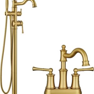 Roman Bathroom Faucet Set, Centerset Sink Faucet 2 Hole With Pop Up Drain, Free Standing Tub Faucet Filler With High Pressure Handheld Shower, Brushed Gold