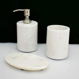 Stone Made Bathroom Accessories Set Stone Soap Dispenser With Chrome Polish Pump With Complete Set Ideal For Room Bathroom, Luxury Hotel Bathroom, White