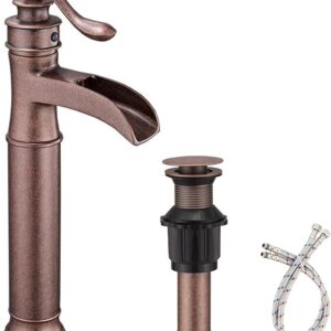 Waterfall Vessel Sink Faucet Copper One Hole For Bathroom Bowl | Open Spout,Single Handle,Includes Pop Up Drain And Supply Line,Farmhouse Vanity Sturdy Design,Rust & Corrosion Resistant
