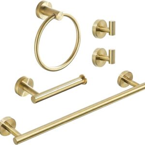 Brushed Gold Bathroom Hardware, Bathroom Accessories Set Includes Toilet Paper Holder Towel Bar Towel Ring 2 Robe Hook 5 Pieces Wall Mount
