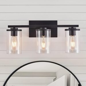 Fabulis Vanity Light With 3-Light Classic Bathroom Light Fixtures Modern Wall Light With Clear Glass Shade Elegant Wall Sconce For Mirror Bedroom Farmhouse Bathroom Living Room Hallway Matte Black