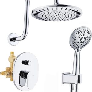 BRIGHT SHOWERS Shower Faucet Set, Shower System With Shower Valve Trim Kit, Double Handle Shower Fixture Rainfall Shower Head And 9-Setting Handheld Spray Combo, Valve Included, Chrome