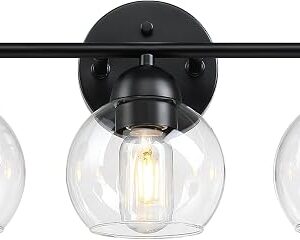 Bathroom Vanity Light Fixtures, 3-Light Black Vanity Lighting Fixtures with Globe Glass Shade Metal Base, Modern Bathroom Lights Over Mirror, Vanity Lights for Bedroom, Living Room, Kitchen