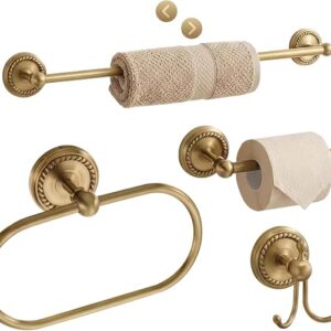 Antique Brass Bathroom Hardware Set 4 Pcs Gold Bathroom Accessories, Vintage Bath Towel Bar Toilet Paper Holder Towel Ring & Double Robe Hook Kit For Shower Room Wall Mounted