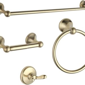 BGL Bathroom Accessories Set, Brushed Brass Towel Holder For Bathroom, 4-Piece Towel Ring, Robe Hook, Toilet Paper Holder Wall Mounted