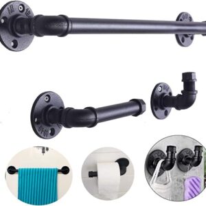 Industrial Pipe Bathroom Fixture Set, Robe Hook, 18-inch Towel Bar, Toilet Paper Holder, Electroplated Black Finish