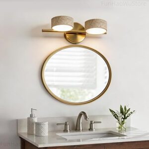 Led Bathroom Lighting Fixtures Over Mirror With 2 Travertine Shades,Vanity Lights Wall Lamp, 180 Rotatable Stone Lampshades Bathroom Lights, Modern Farmhouse Stone Sconces Gold