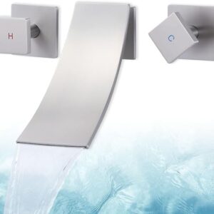 3 Hole Wall Mount Bathroom Sink Wash Basin Faucets, Brushed Nickel | Waterfall Flow, Dual Handle Control, For Vanity Lavatory