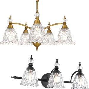 Vintage 5 Light Chandelier, Matte Black Bathroom Vanity Light, 3 Light Vanity Lighting Fixtures, Farmhouse Glass Chandelier Ceiling Light Fixture For Kitchen, Dinning, Foyer, Bathroom, Living R
