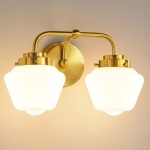 RUIYEY Bathroom Vanity Light Fixtures 2-Lights Gold Bathroom Lighting Fixtures Over Mirror, Mid-Century Modern Wall Sconces With Frosted Milky Glass For Kitchen Bedroom Hallway