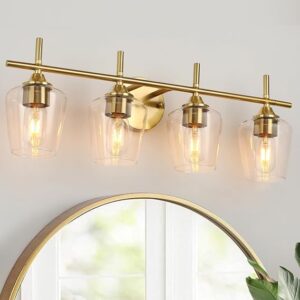 Foucasal Bathroom Light Fixtures 4-Light Gold Bathroom Vanity Light | Win Glass Clear Shade, Modern Wall Lights For Bathroom Bedroom Hallway Living Room (Gold, 4-Light)