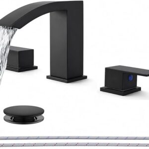Friho Matte Black Bathroom Faucets 3 Hole, 8 Inch Widespread 2 Handle Square Waterfall Bathroom Sink Faucets With Pop-up Drain And Supply Lines, Vanity Faucet Suitable For Lavatory Restroom RV